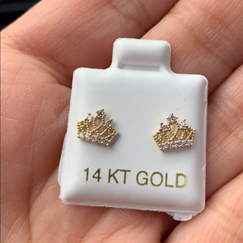 Solid 14k yellow gold princess Crown Earrings kid.